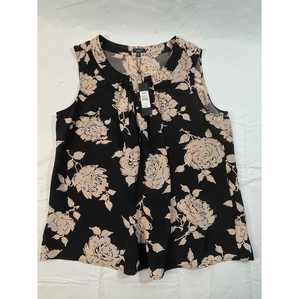 Talbots Women's Silk Sleeveless Floralโ Print Top Size 16 Black Beige NWT
